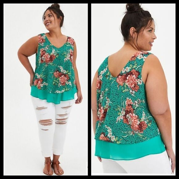 5X 28W Torrid Green Floral Chiffon Tank Double Layer V Neck Woven Georgette - Picture 1 of 7